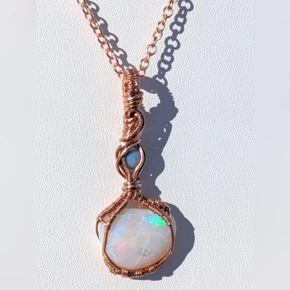 Mystical Opal Amulet Necklace Artisan Copper Wire Wrap With Dainty Chain - Picture 13 of 15